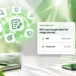 Ikony wokół świecącej kuli i karta porównująca SEO i Google Ads