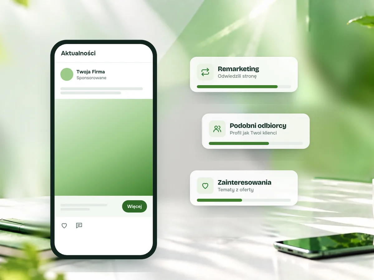 Telefon z reklamą w aktualnościach i karty grup odbiorców: remarketing, podobni odbiorcy, zainteresowania