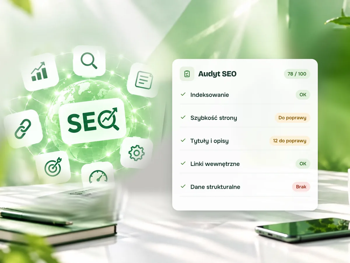 Kafelki z ikonami SEO wokół świecącej kuli i karta audytu z listą punktów do poprawy