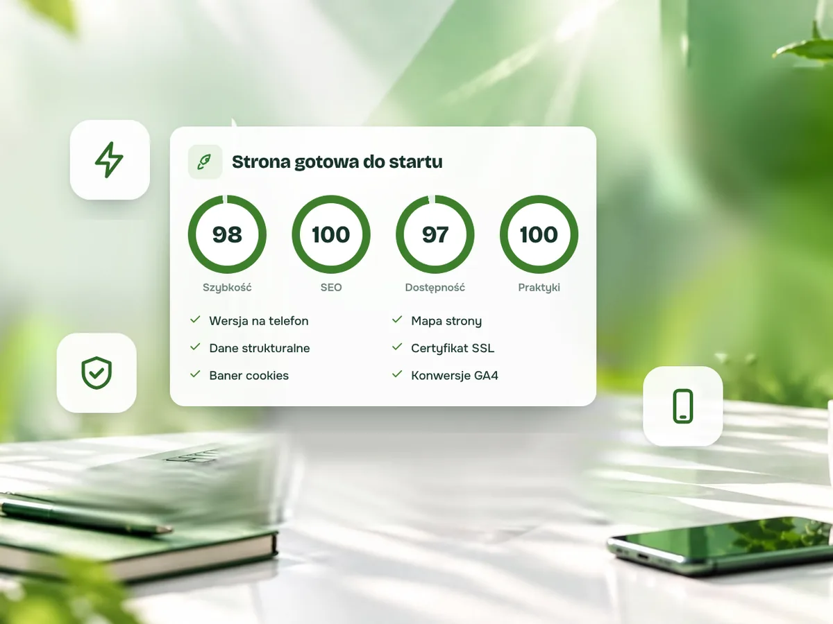 Karta testu strony przed publikacją z wynikami 98–100 i listą kontrolną